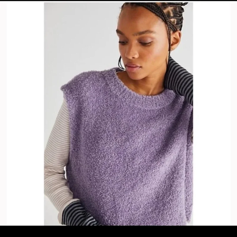 Free People Margot Violet Lily Combo Plush Knit Vest Women's Size Large - Picture 3 of 12